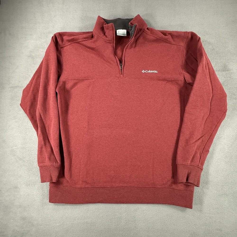Columbia Pullover Men's Large Red Long Sleeve 1/4 Zip Cotton Blend Burn Hole